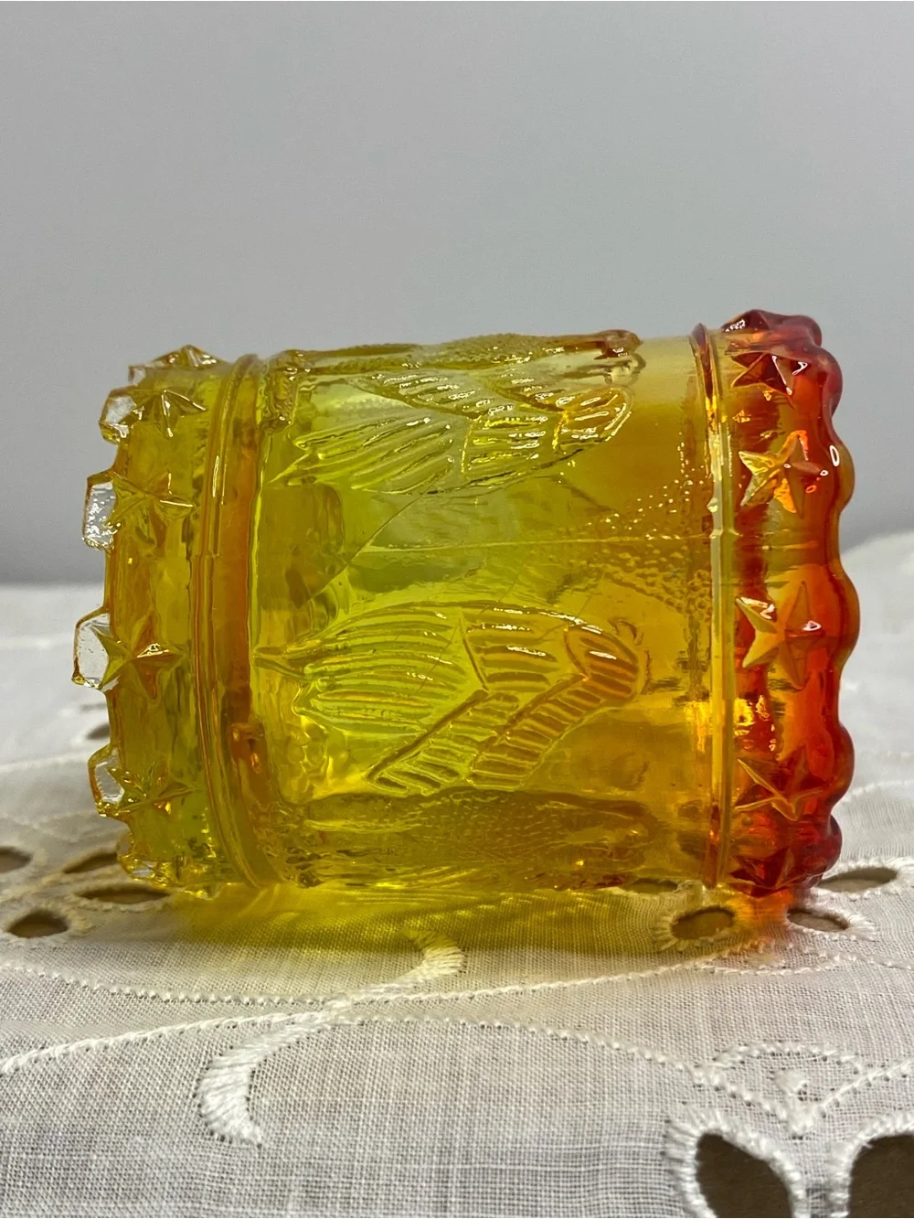Vintage Kanawha Amberina Glass Toothpick Holder Eagle and Stars Patriotic Design